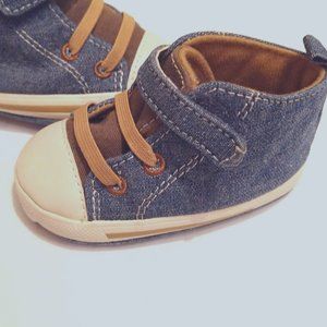 infant high top tennis shoes, denim look, 3, unknown brand